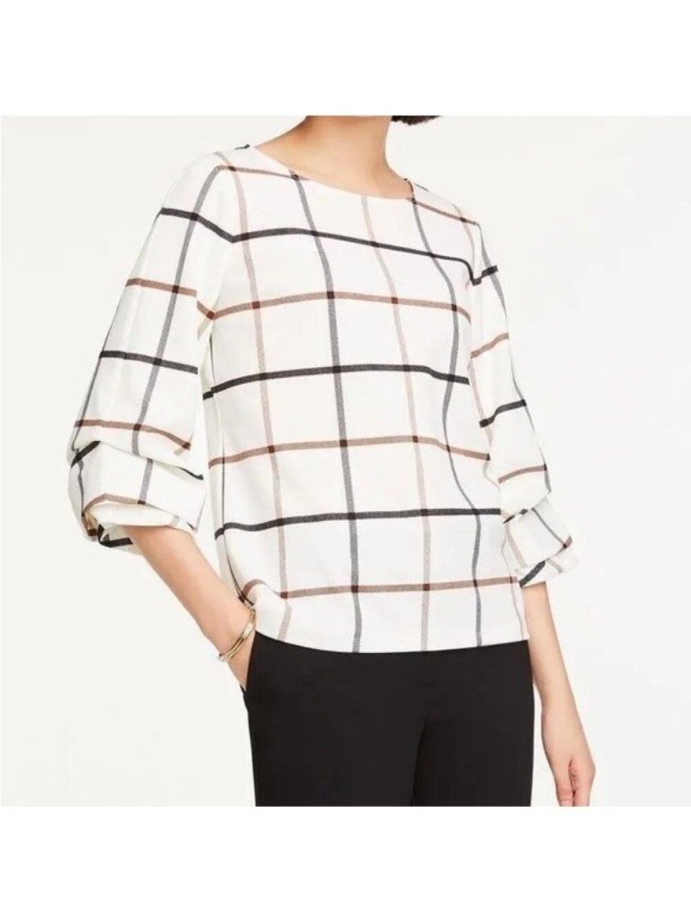 Ann Taylor Ivory Windowpane Plaid Scrunched 3/4 Sleeve Top Shirt Blouse Size M